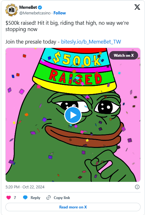 Memebet Token Raises $500K in Presale – Is Its TG Casino Launching This Week? image 1