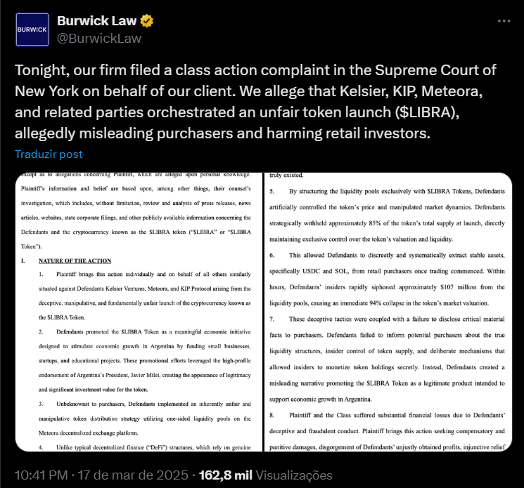 Caso Libra: demanda colectiva en Nueva York sacude el mercado cripto image 1