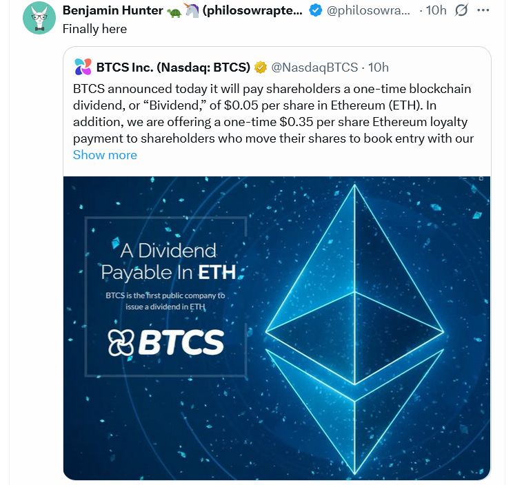 BTCS to pay out loyalty in ETH to deter ‘predatory short-sellers’ image 0