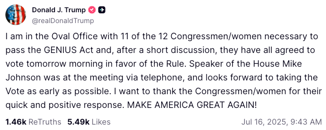 Trump Claims GENIUS Act Congressional Breakthrough image 0