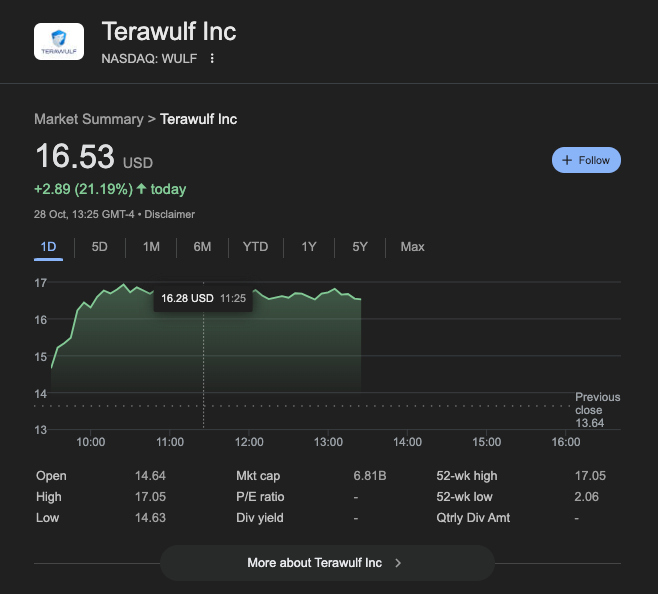 Las acciones de la minera de Bitcoin TeraWulf (WULF) suben un 21% tras un contrato de arrendamiento de infraestructura de IA por 9.5 billones de dólares