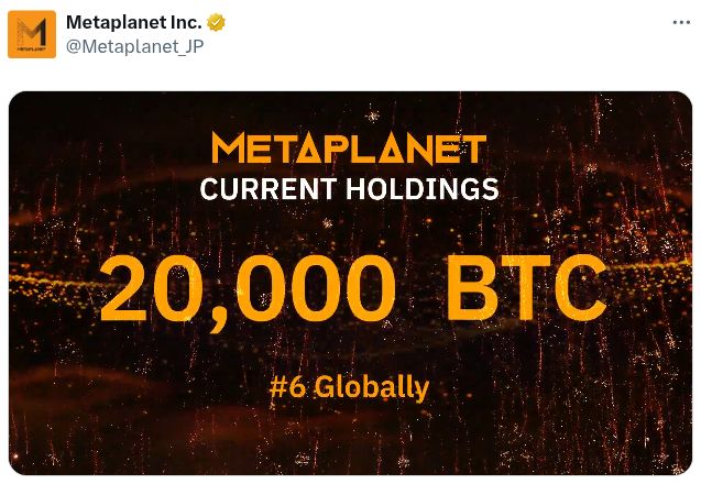 La stratégie de Metaplanet consistant à détenir 20 000 Bitcoin pourrait subir des pressions en raison d'une émission d'actions alors que le cours de l'action chute. image 1