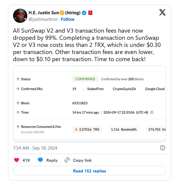 Биржа SunSwap в сети TRON снизила комиссии на 99% image 0