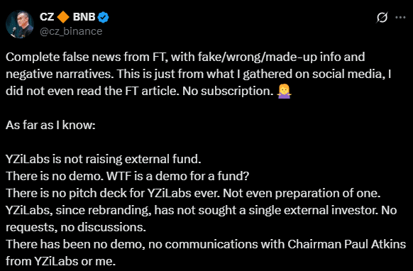 CZ Says FT Report on YZi Labs Could Be Misleading as BNB Sentiment Remains Positive image 0