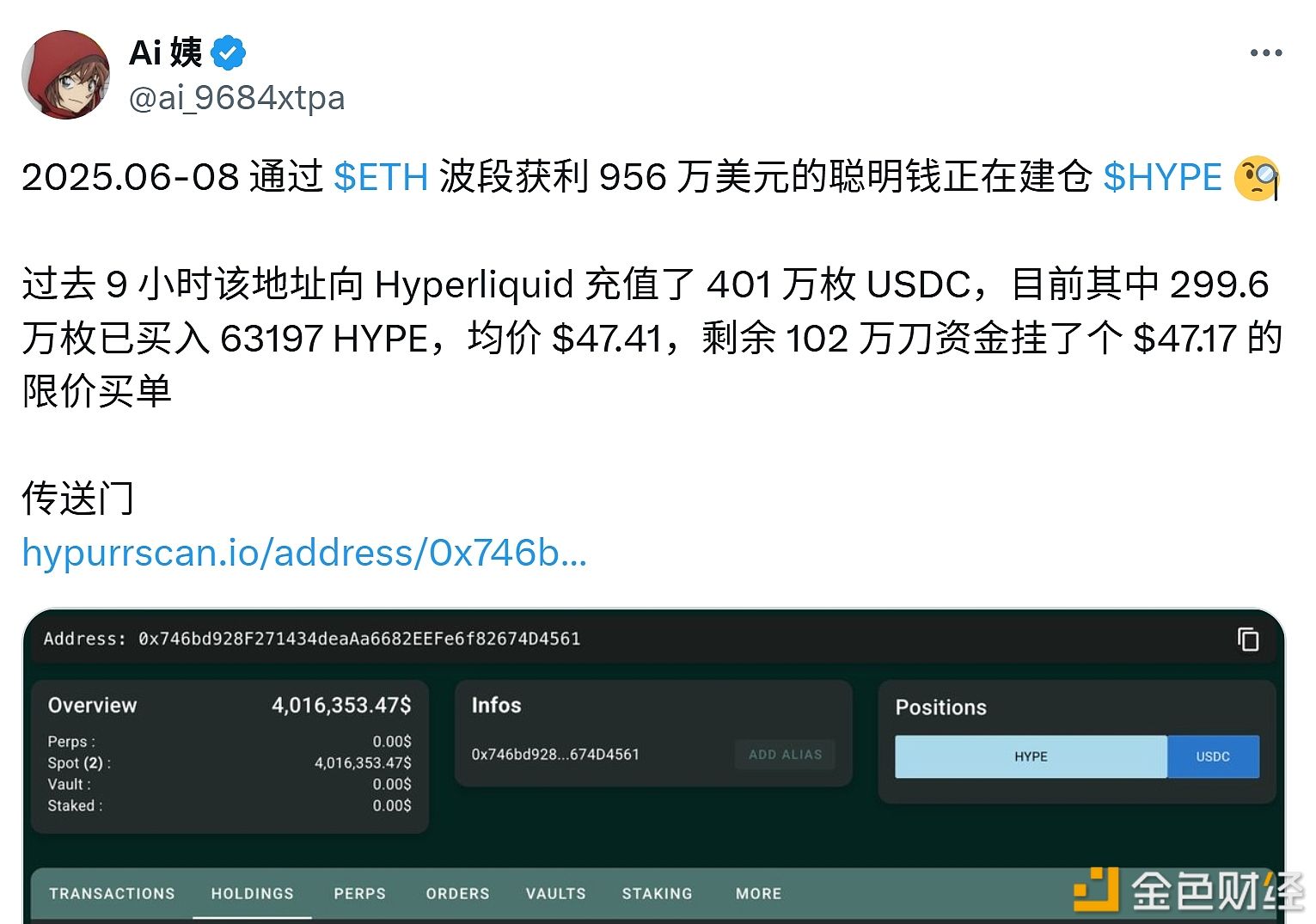 某聪明钱再次向Hyperliquid存入295万枚USDC用于增持HYPE