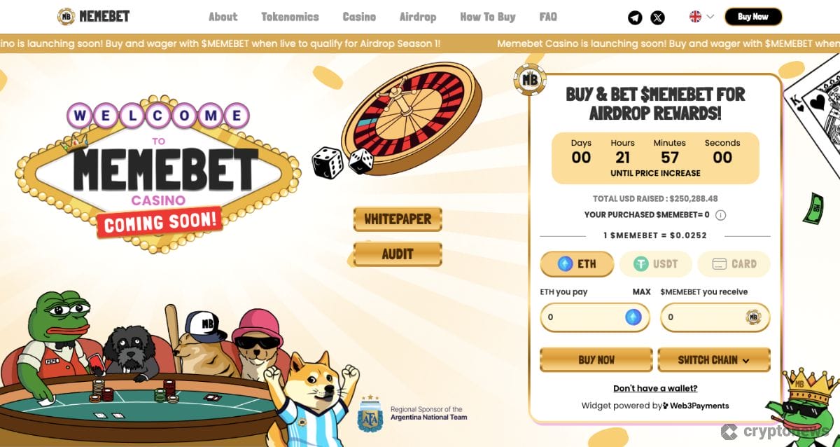 Web3’s First Meme Coin Casino Memebet Token Raises $250,000 in Launch Week image 0