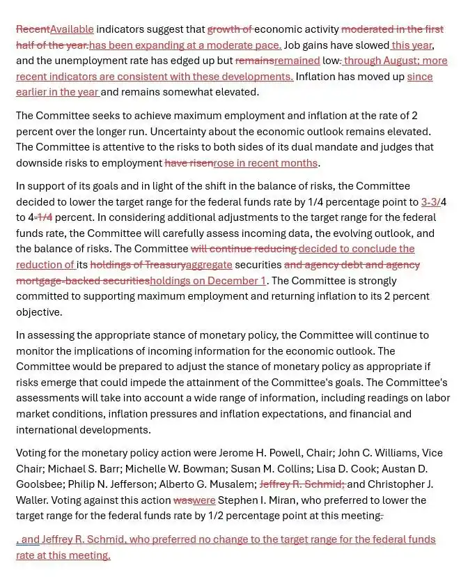 The Federal Reserve launches a combination move: continues to cut interest rates by 25 basis points and ends balance sheet reduction in December, with two committee members opposing the rate decision. image 0