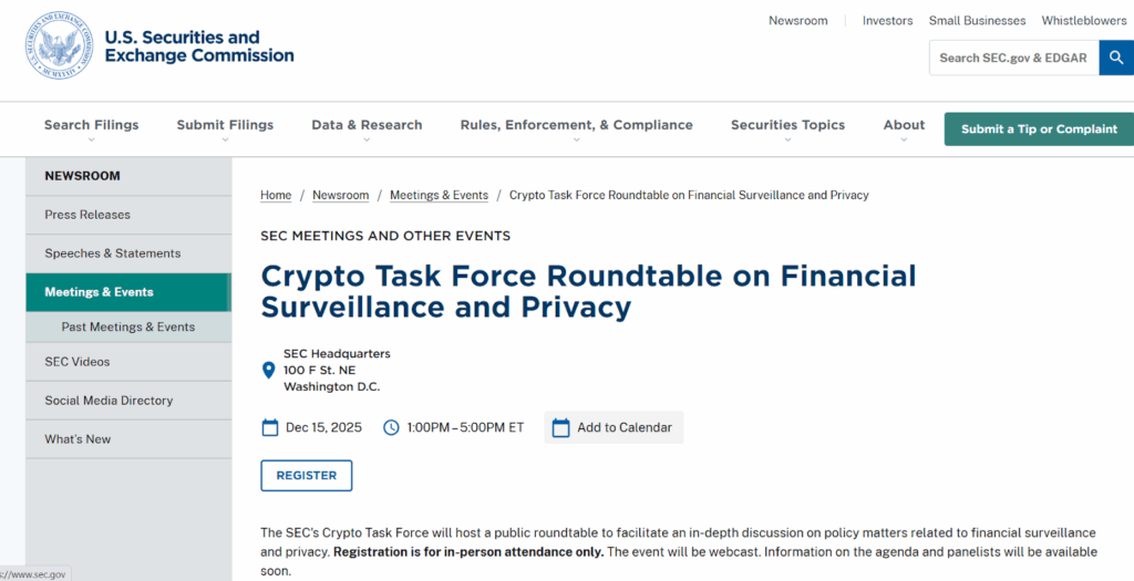 SEC to Host Crypto Privacy Roundtable on Dec 15 image 0