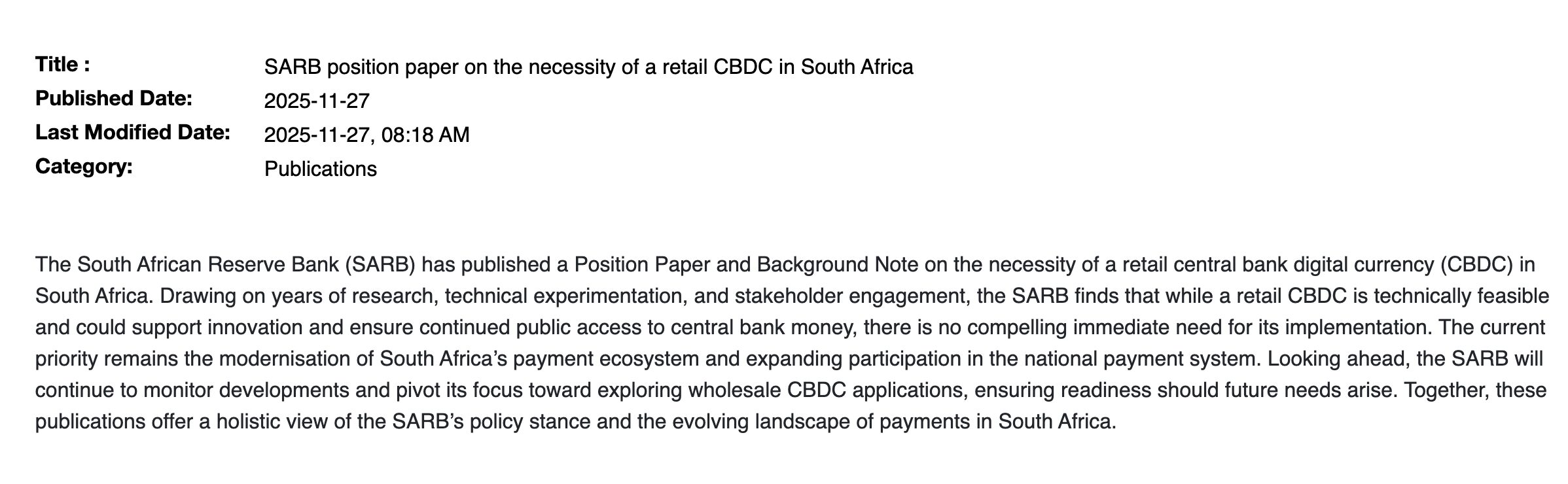 Южноафриканский резервный банк заявил, что розничная CBDC не является приоритетом, акцент смещается на модернизацию платежной системы image 0