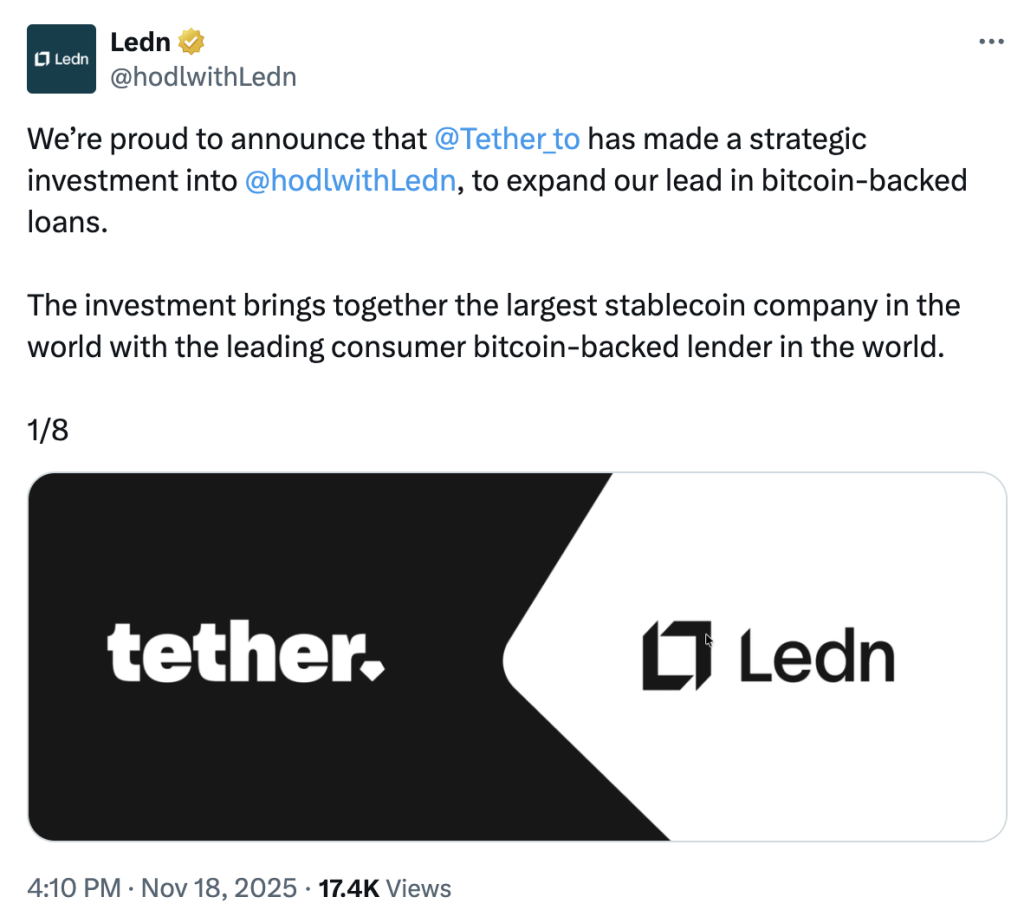 Tether se lance dans le prêt adossé au bitcoin en investissant dans Ledn image 1