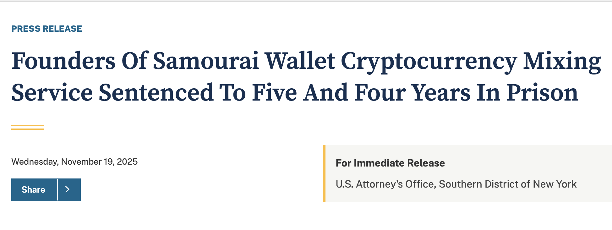 Samourai Wallet Co-Founder Sentenced to Four Years, Highlighting Legal Risks for Crypto Privacy Tools image 0