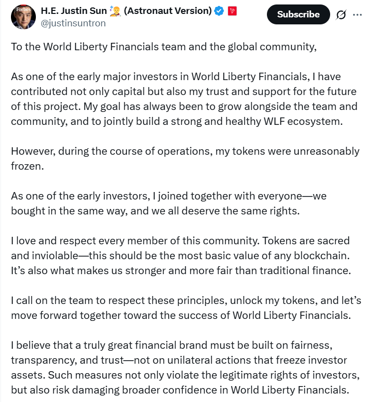 Justin Sun Seeks WLFI Token Unfreeze as Blacklisting Sparks Questions Over Possible Sell-Off image 0