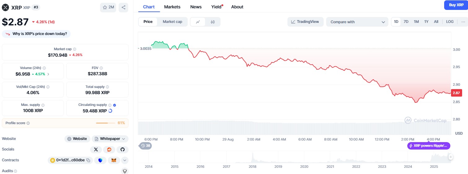 XRP価格は投資家活動の鈍化により3.00ドルを下回って失速 image 1