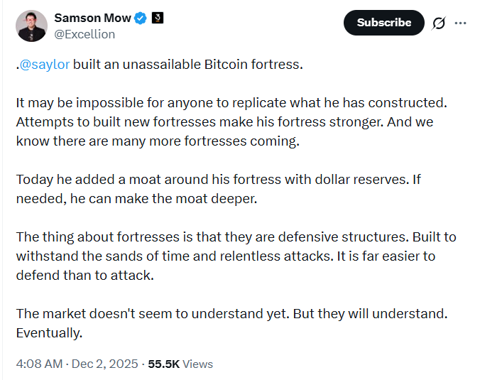 Michael Saylor Construyó una Fortaleza Bitcoin Inatacable, Samson Mow en MicroStrategy Reserva de Dólares image 0