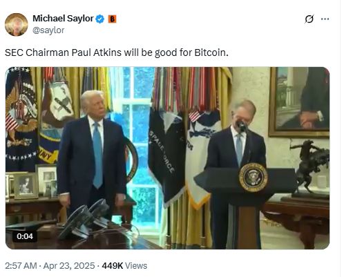 Michael Saylor Claims New SEC Chair Paul Atkins Signals Strong Bitcoin Shift