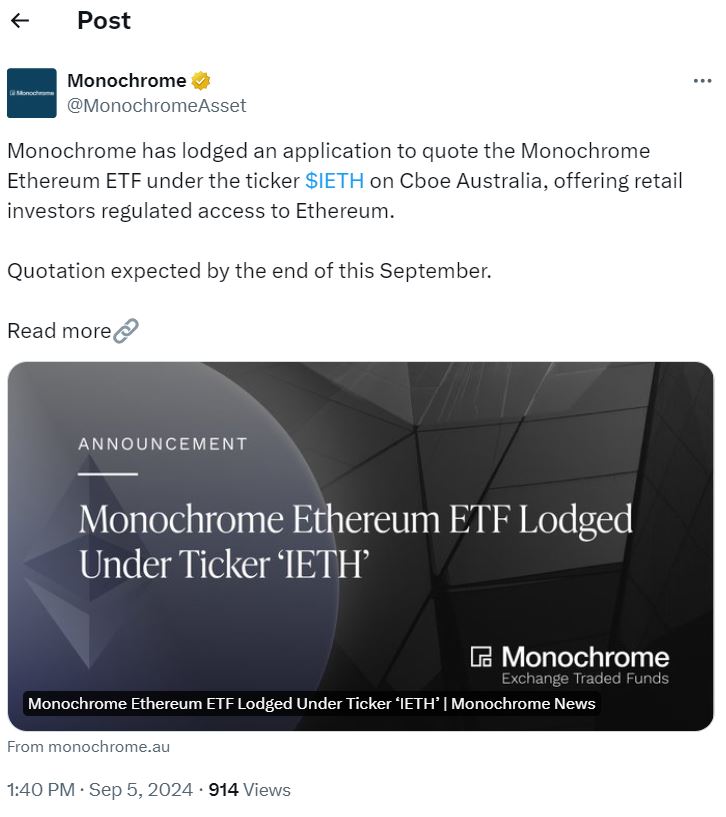Monochrome 推出澳大利亚首个直接持有以太坊的 ETF 申请 image 0