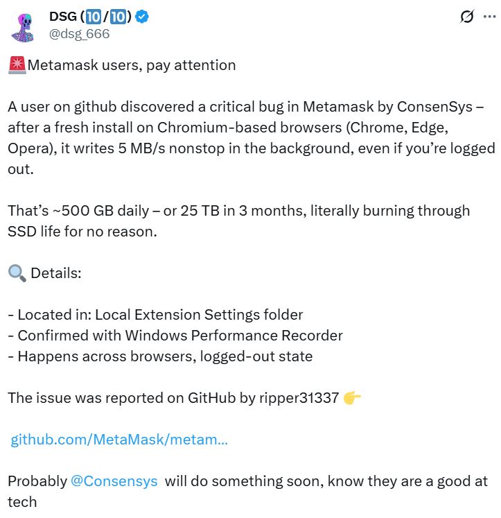 MetaMask 存在嚴重漏洞！每天向硬碟寫入 500GB 資料，開發商緊急啟動修復