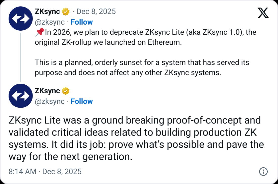 Le premier ZK-rollup d’Ethereum, ZKsync Lite, sera mis hors service en 2026 image 0