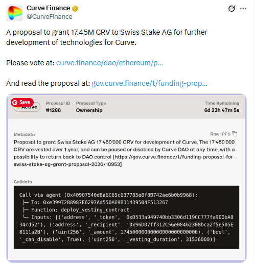 Предложение о гранте Curve CRV выносит 17,45 млн CRV на голосование Curve DAO