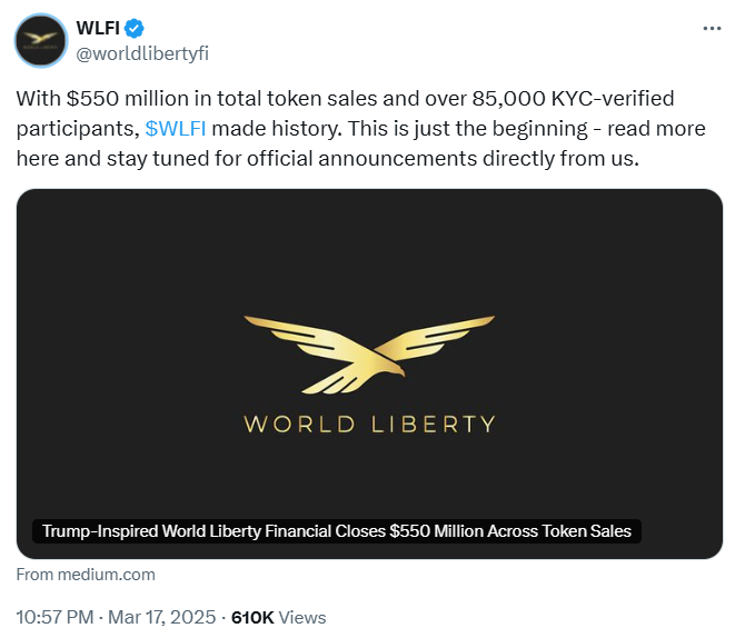 WLFI de Trump se asocia con Ondo, Ethena y Chainlink tras alcanzar un objetivo de 550 millones de dólares en tokens image 0