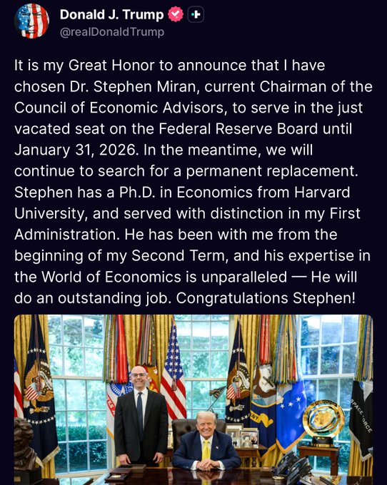 Trump nombra a Stephen Miran, defensor de Bitcoin, como gobernador temporal de la Fed image 1