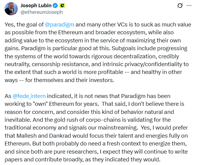 Ethereum needs Paradigm, VCs, despite value extraction concerns: Joseph Lubin