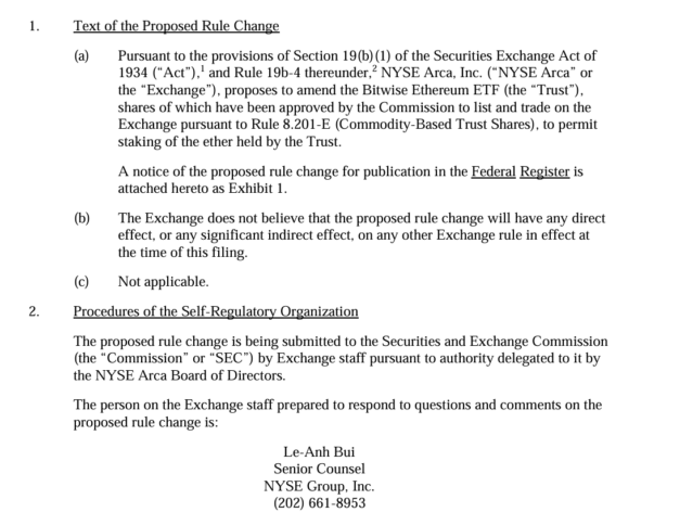 NYSE Files Proposal to Permit Staking for Bitwise Ethereum ETF