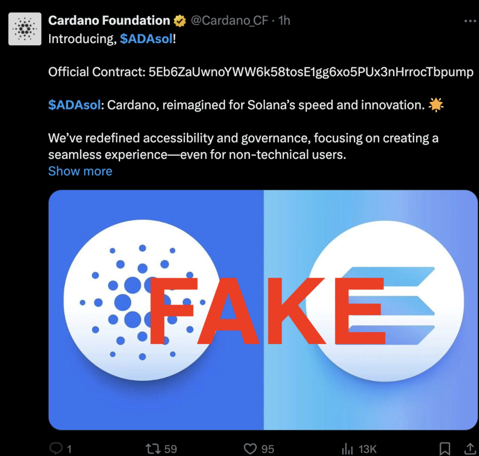 Cardano 推特遭駭：駭客謊稱被 SEC 提告，發布假代幣 ADAsol 來 Rug Pull image 1