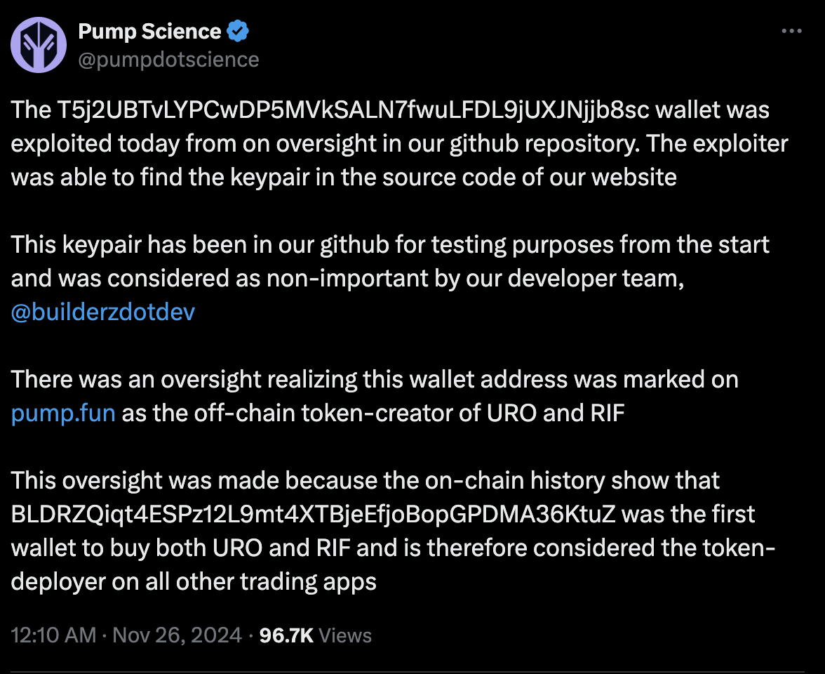 DeSci 平台 Pump Science 烏龍：私鑰外洩引詐騙代幣風波，承諾不再用 Pump.fun 發幣 image 2