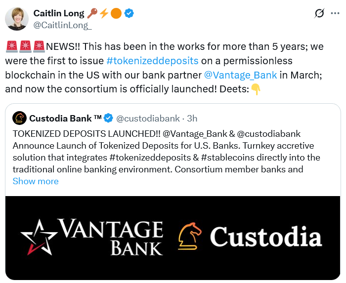 Custodia, Vantage Bank launches platform for tokenized deposits