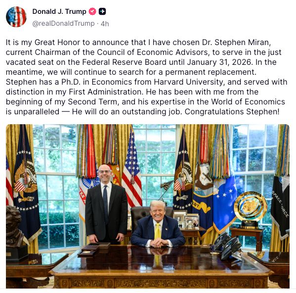 Who Is Stephen Miran? Trump’s Crypto-Friendly Pick for Fed Governor image 0
