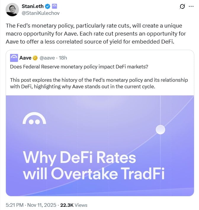 Aave Poised to Benefit From Fed Rate Cuts as DeFi Yield Opportunities Expand image 0