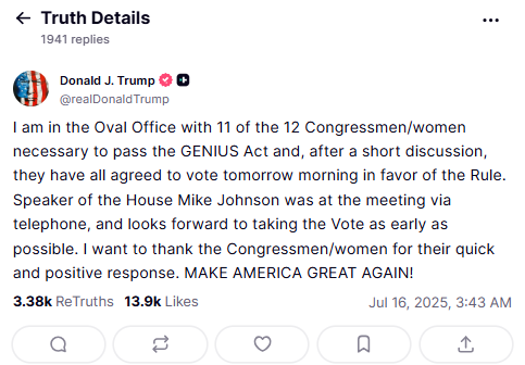 Trump Revives GENIUS Act After House Vote Fails By Securing 11 Votes image 1
