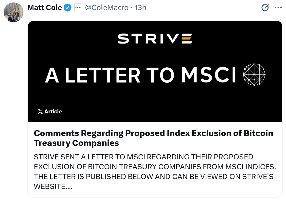 Strive выступила против новых правил MSCI по исключению держателей биткоина из индексов