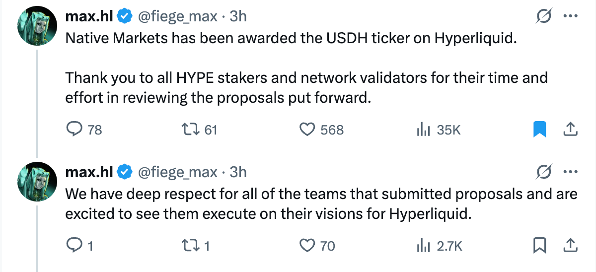 Native Markets rasmiy ravishda Hyperliquid'ning USDH stablecoin tickerini e'lon qildi image 0