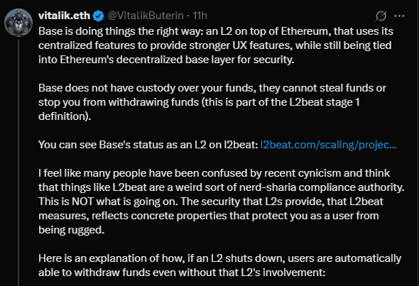 Buterin Suggests Base Is Non‑Custodial but Ethereum Risks From Sequencer Centralization Could Persist image 0