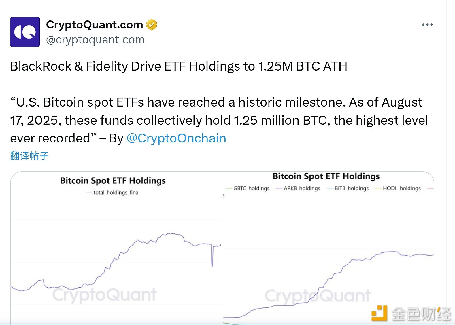 贝莱德与富达推动ETF持仓量达到125万枚比特币的历史新高