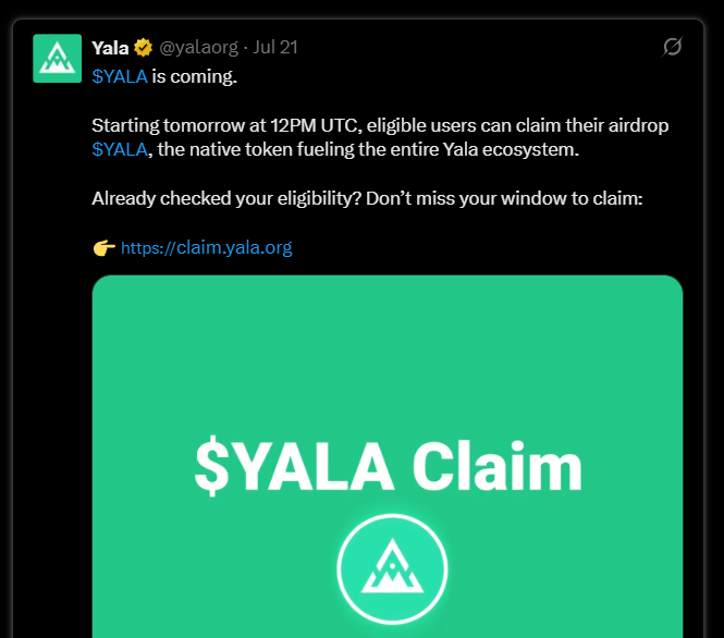 本周空投机会一览：Yala、Treeverse、$S、Caldera等 image 1