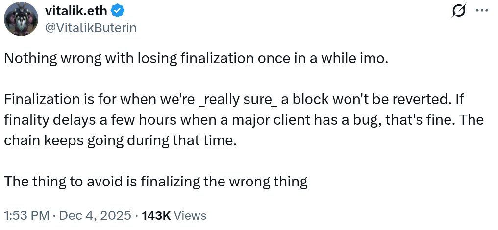 Vitalik Buterin estime qu’Ethereum peut supporter une perte temporaire de finalité image 0