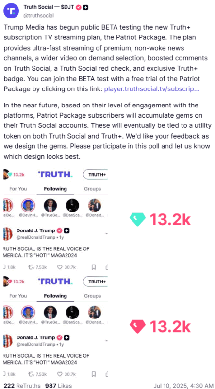 川普媒體公司將推實用型代幣,擬結合串流平台 Truth+ 訂閱戶獎勵機制 image 0