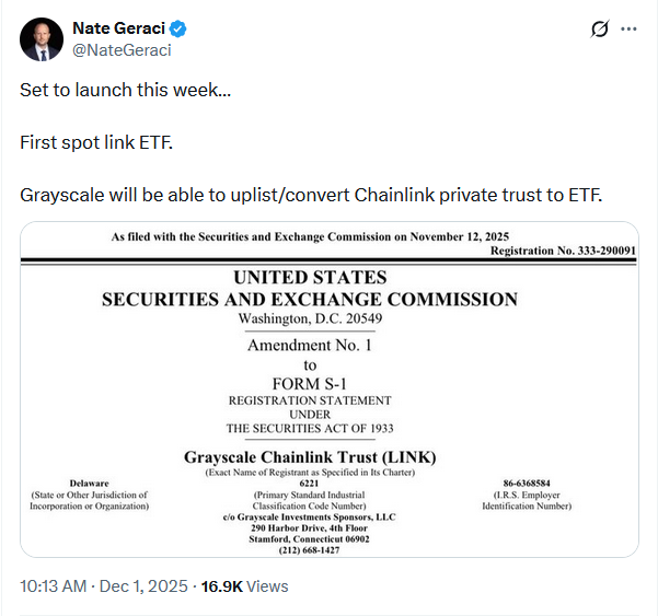 Crypto : Grayscale lance le premier ETF Chainlink au comptant aux États-Unis image 0
