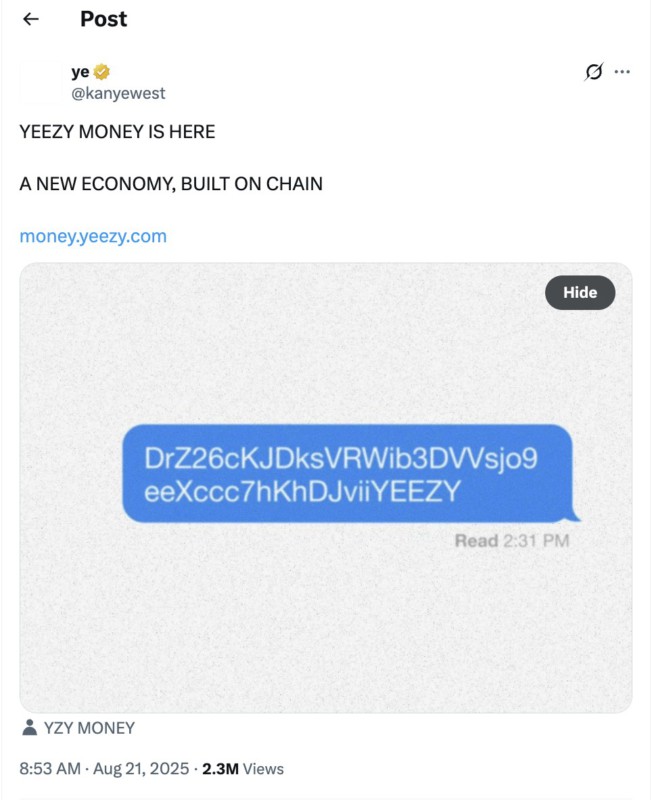 Kanye West Luncurkan Meme Coin “YZY” di Solana, Kapitalisasi Pasarnya Tembus $3 Miliar image 0