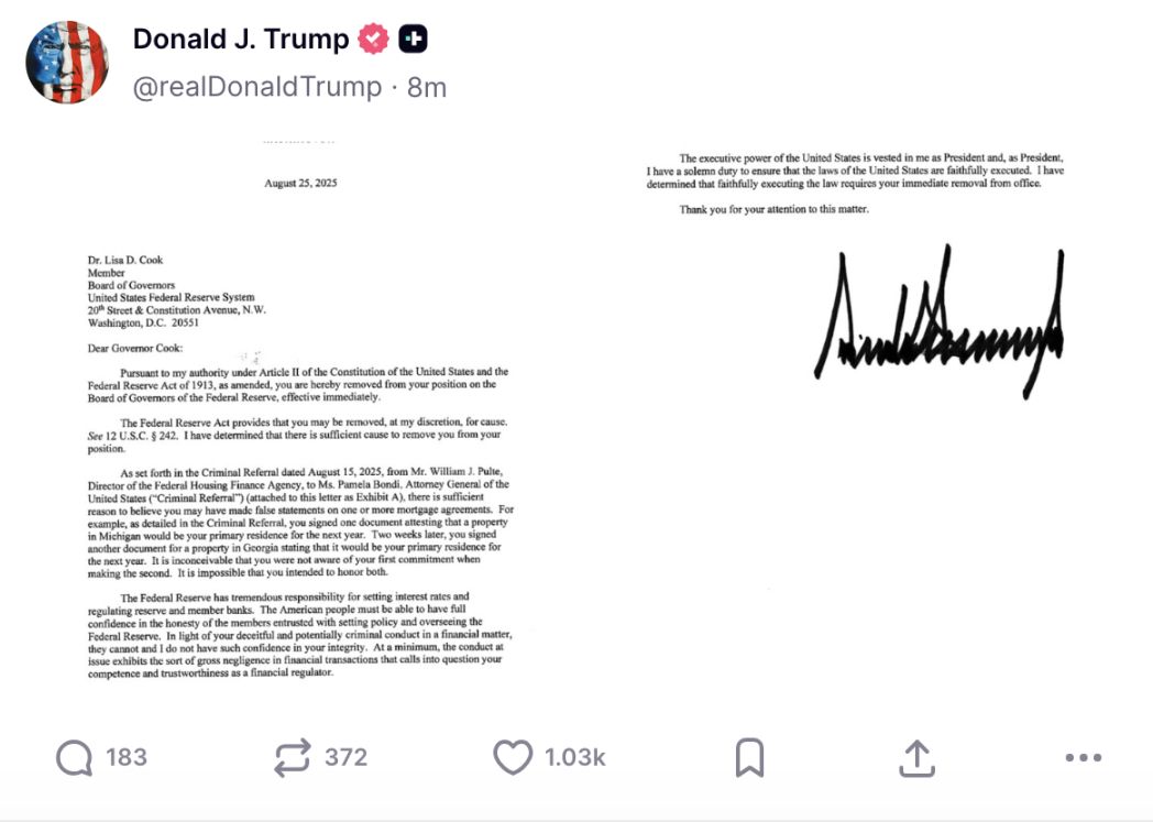 トランプ大統領は史上初めて現職の連邦準備制度理事会理事を解任し、連邦準備制度理事会の統制に向けて新たな一歩を踏み出した。 image 0