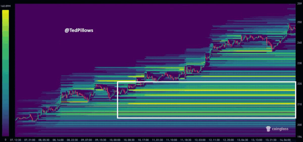 Solana podría estar lista para un breakout mientras la acumulación de whales y las zonas de liquidez ponen a prueba la resistencia de los $250 image 0