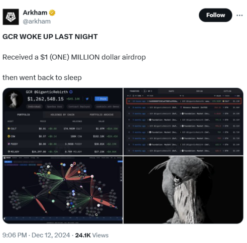 Crypto Trader GCR Claims $1M CULT Airdrop image 1