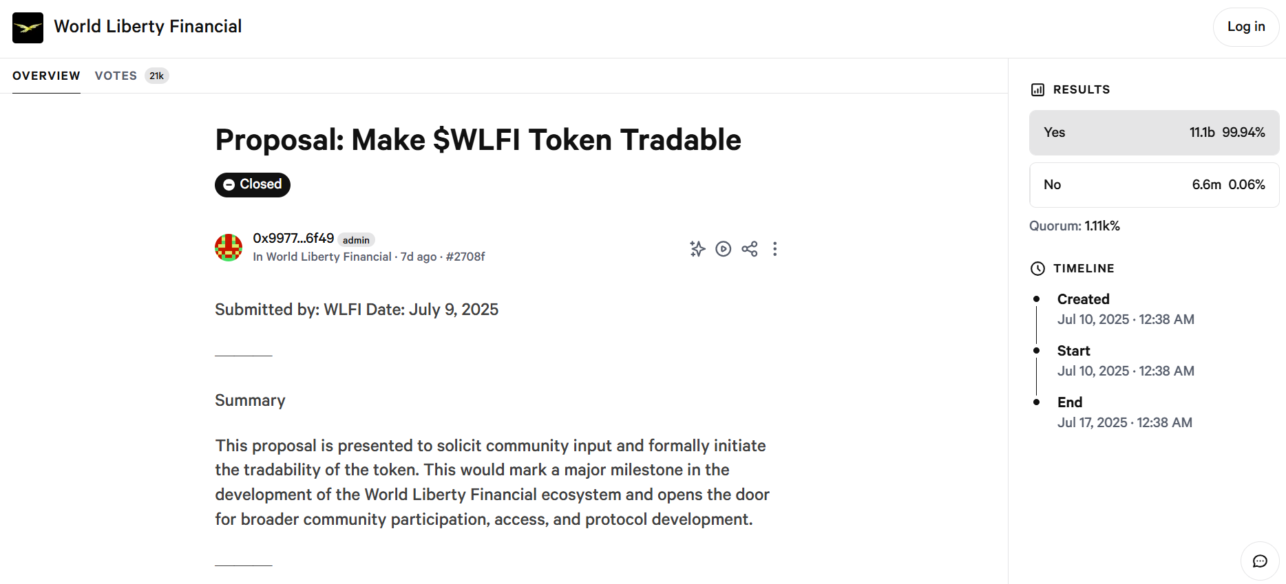 World Liberty Financial's WLFI token becomes tradeable following near-unanimous approval image 1