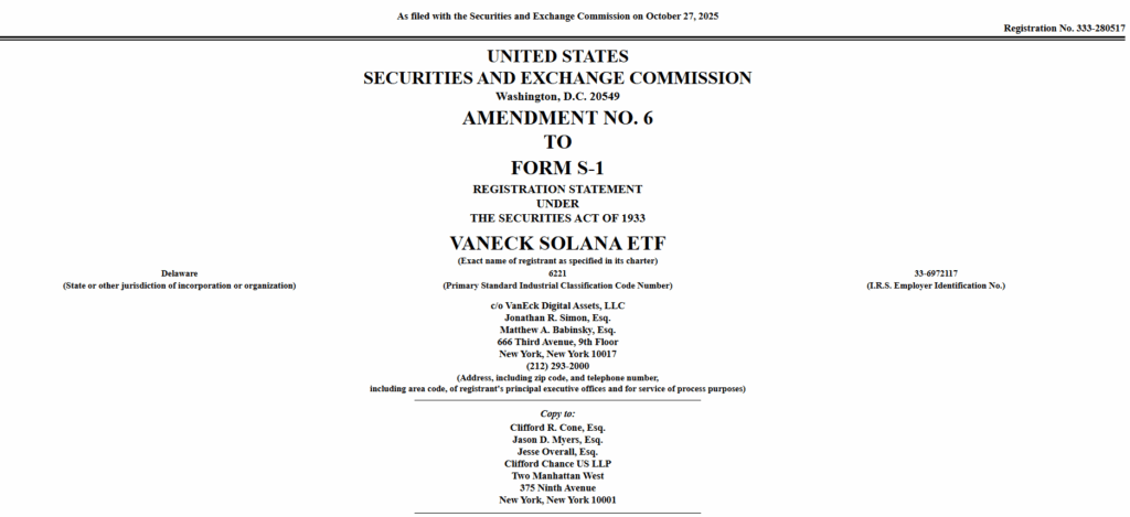 VanEck modifica el ETF Solana (VSOL) para su aprobación automática y exención de comisiones, mientras se lanza hoy el primer ETF Spot SOL image 0
