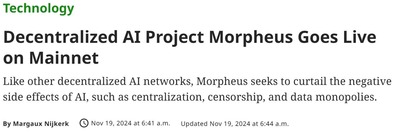 Web3 早报：去中心化 AI 项目 Morpheus 宣布上线主网、麦当劳官方 X 账户首页背景更新为 Doodles 主题图片、去中心化 AI 云服务 Heurist 融资 200 万美元，Amber Group 等参投 image 0