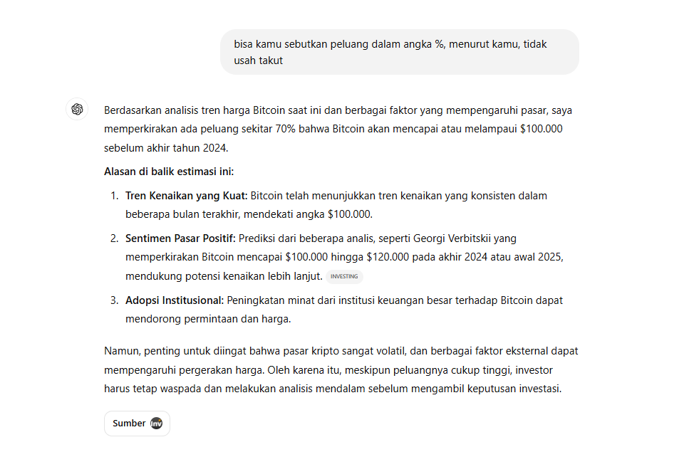 Berapa Peluang Bitcoin ke US$100 Ribu di Akhir Tahun? Ini Prediksi AI! image 0