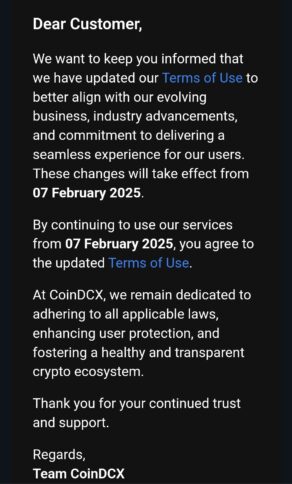 CoinDCX Updates Terms for Indian Users Effective Today